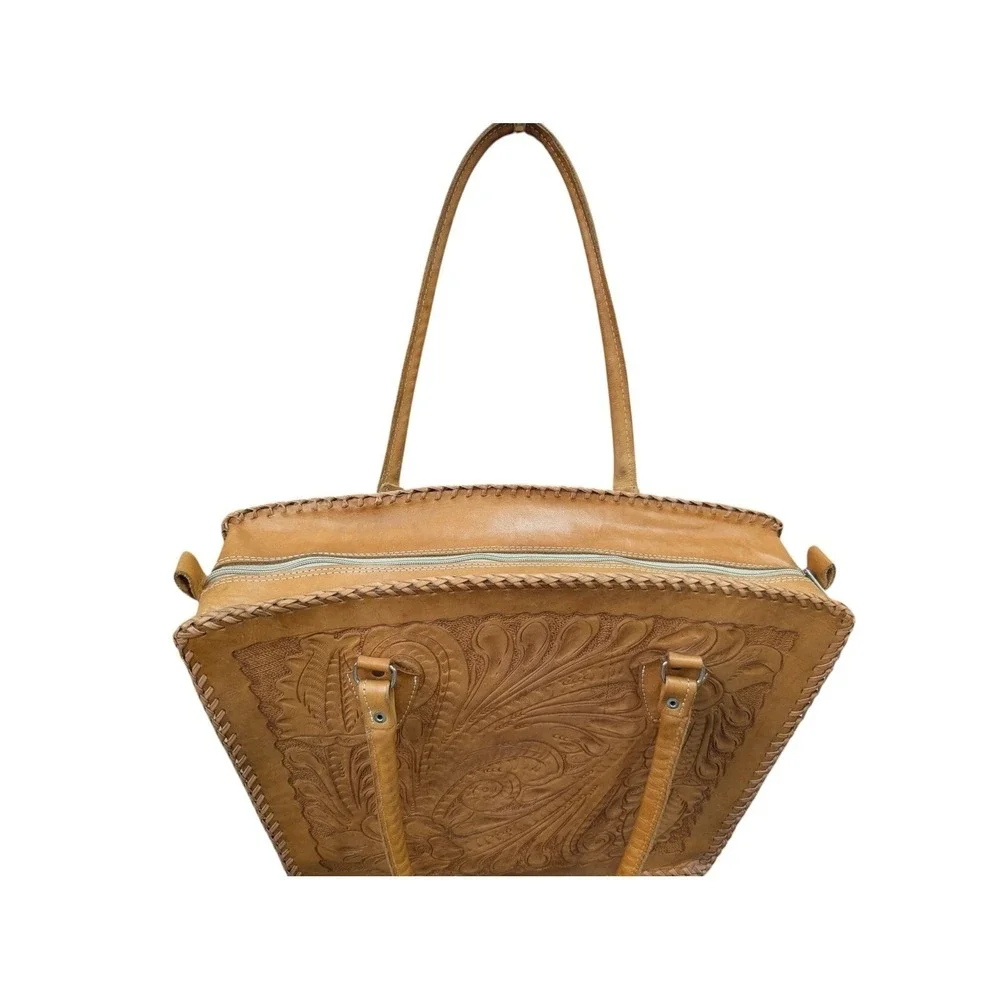 Womens Leather Natural‎ Grain Tote Handbag Embossed Tooled Zip Top 16